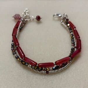 Chic Cranberry and Silver Multi-Strand Bracelet 2 mm beads - 12 mm Czech Glass